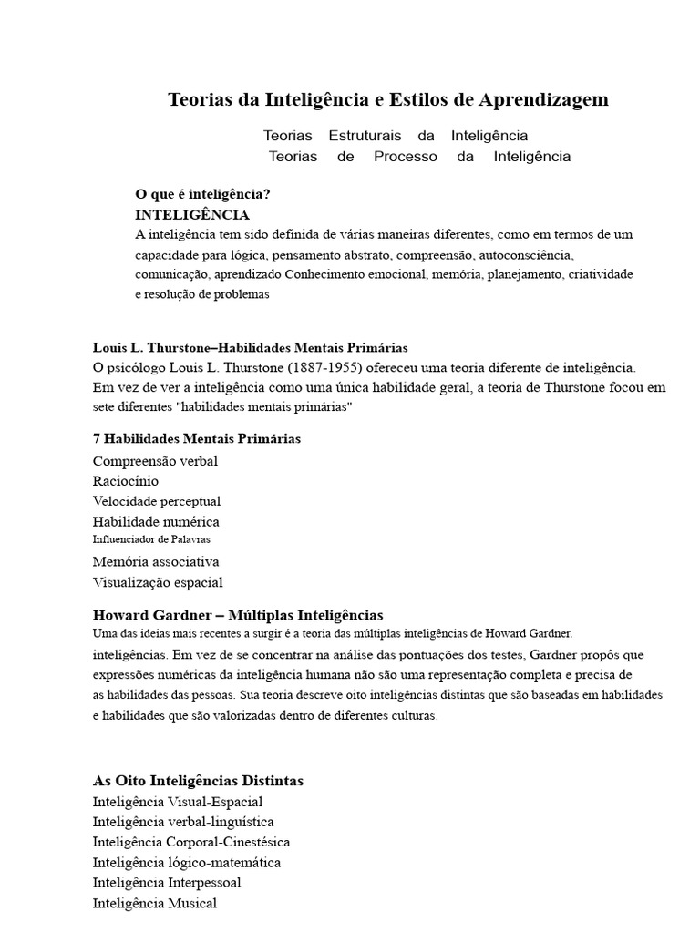 Teorias de Inteligência e Aprendizagem | PDF | Inteligência | Aprendizado