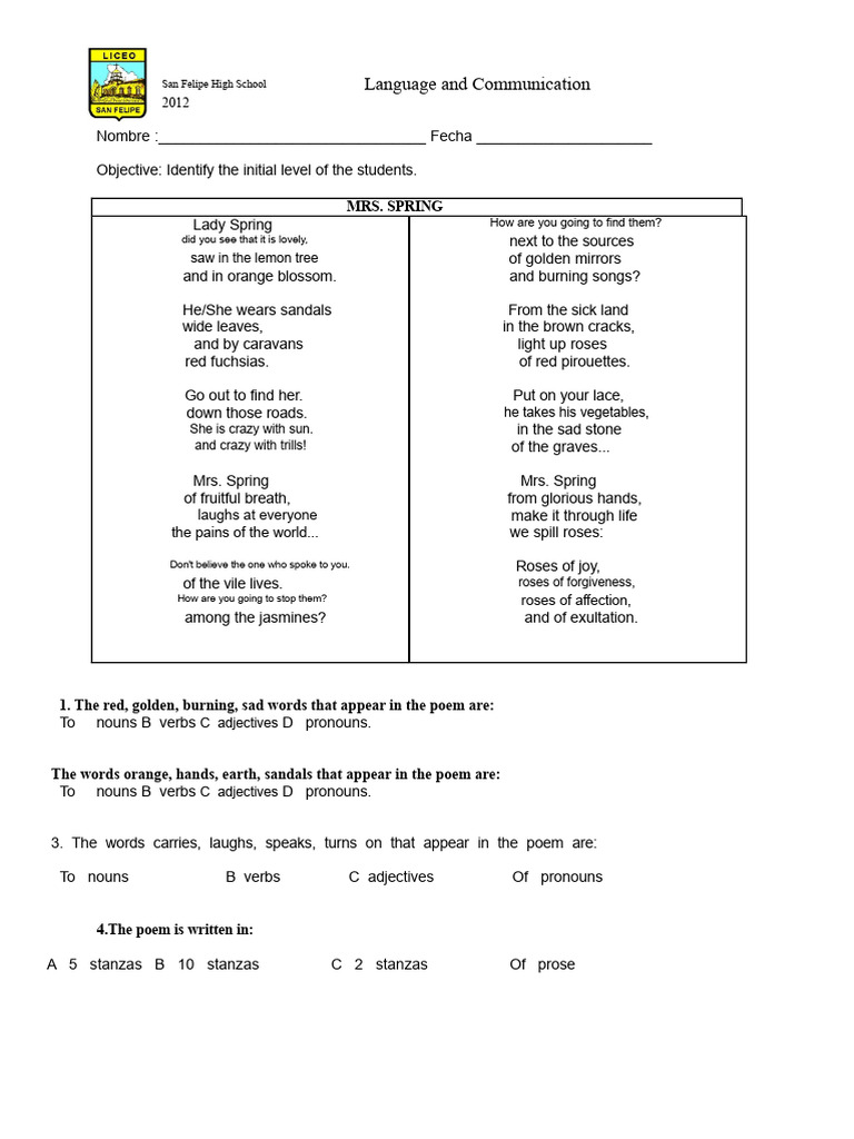 Language and Communication Assessment | PDF | Verb | Noun