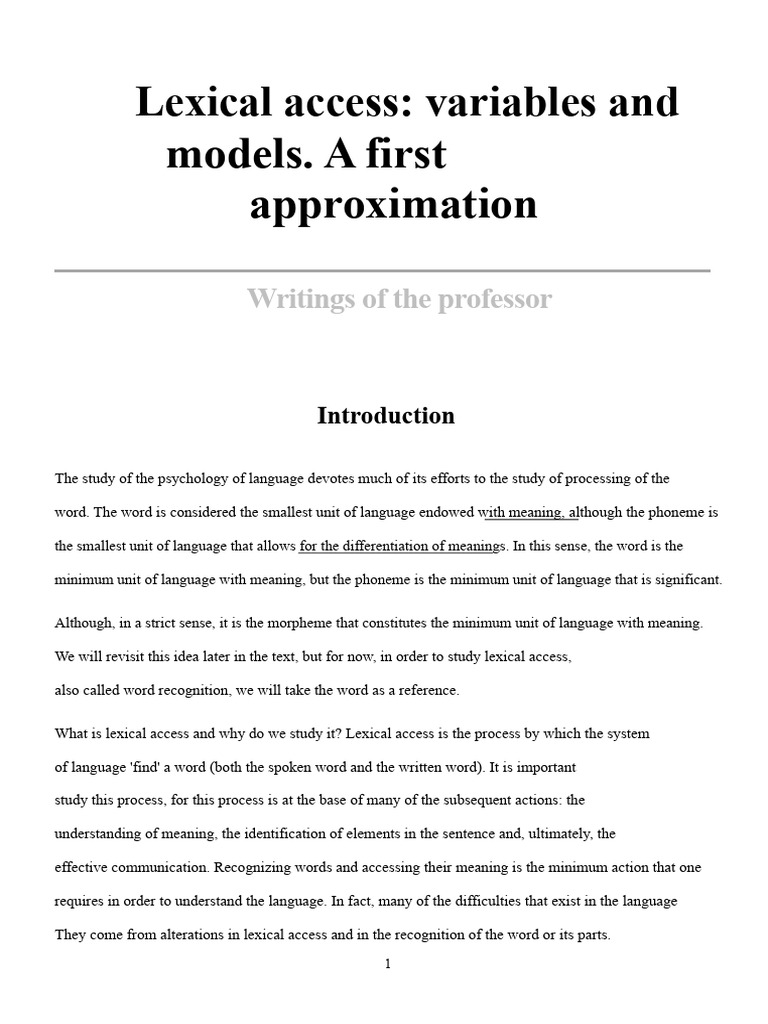 Lexical Access Variables and Models. A First Approximation | PDF ...