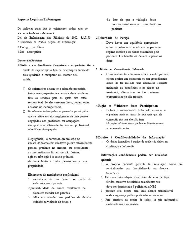 Aspectos Legais na Enfermagem | PDF | Enfermagem | Consentimento Livre ...