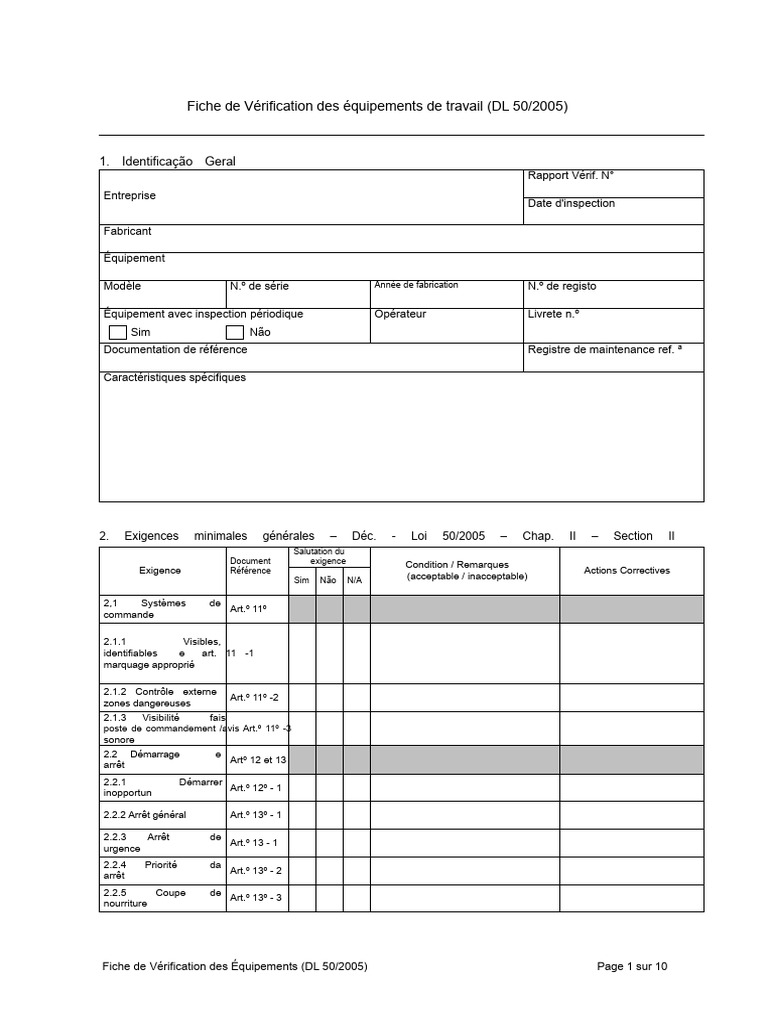 Vérification des Équipements de Travail DL 50/2005 | PDF | Sécurité