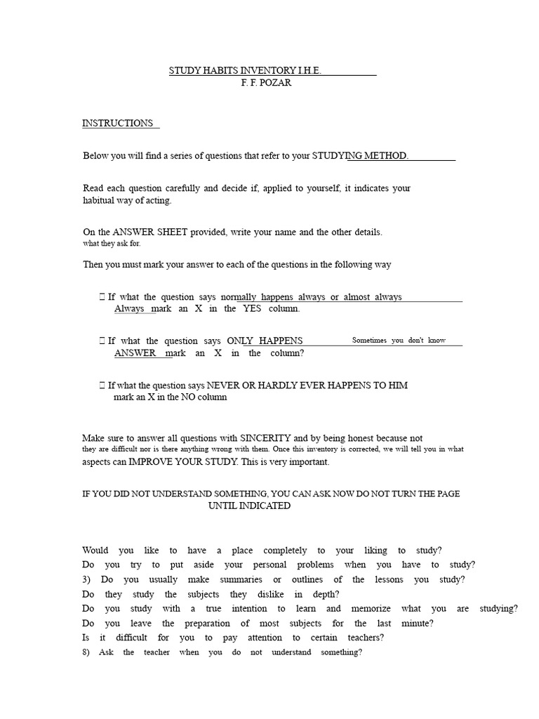 STUDY HABITS INVENTORY I | PDF | Reading Comprehension | Cognition