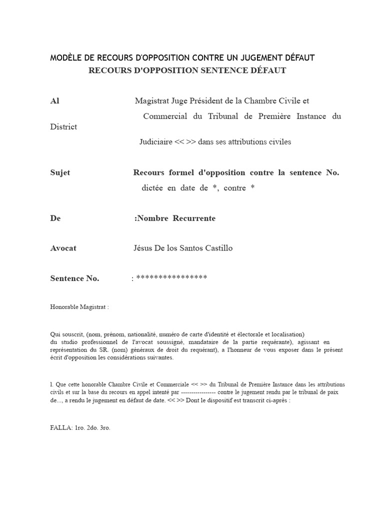 Modèle de recours d'opposition judiciaire | PDF | Systèmes judiciaires ...