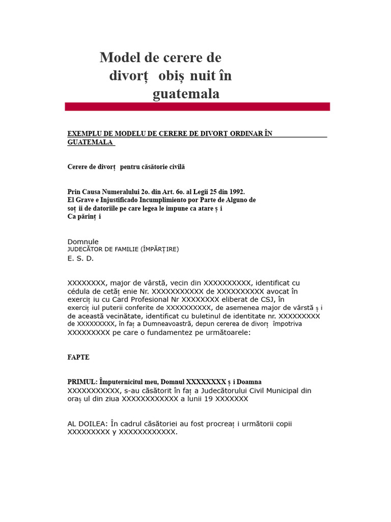 Model de Cerere de Divorț Obișnuit În Guatemala | PDF