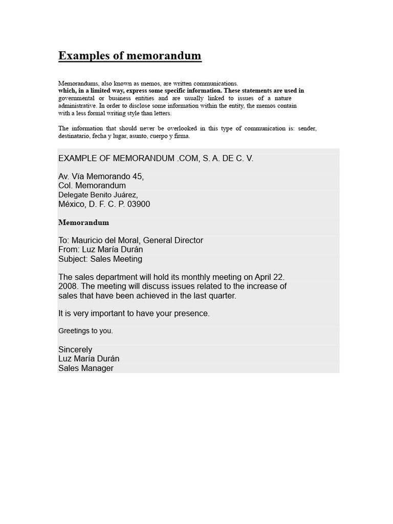 Examples and Guide to Memorandums | PDF | Memorandum | Essays