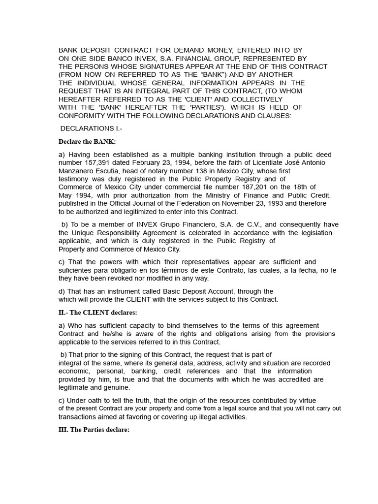 Bank Deposit Contract of Money | PDF | Banks | Deposit Account