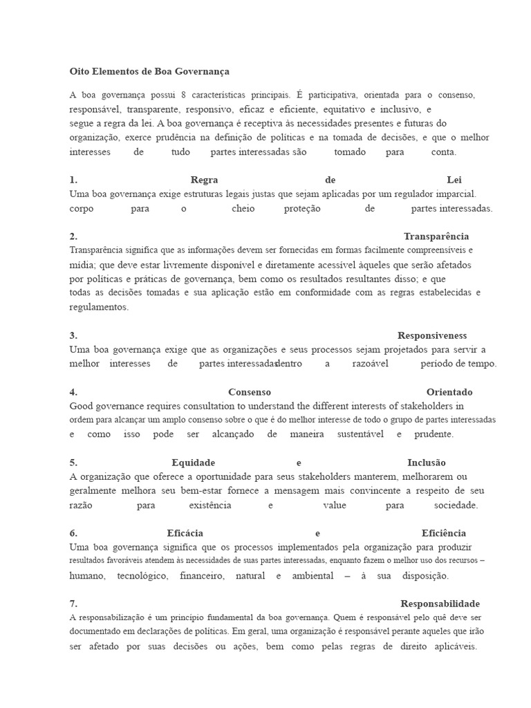 Oito Princípios de Boa Governança | PDF | Governança | Governança ...