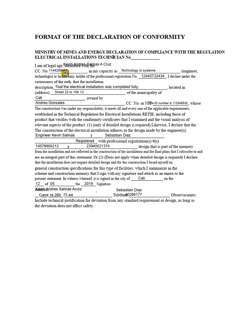 Electrical Installation Compliance Declaration | PDF