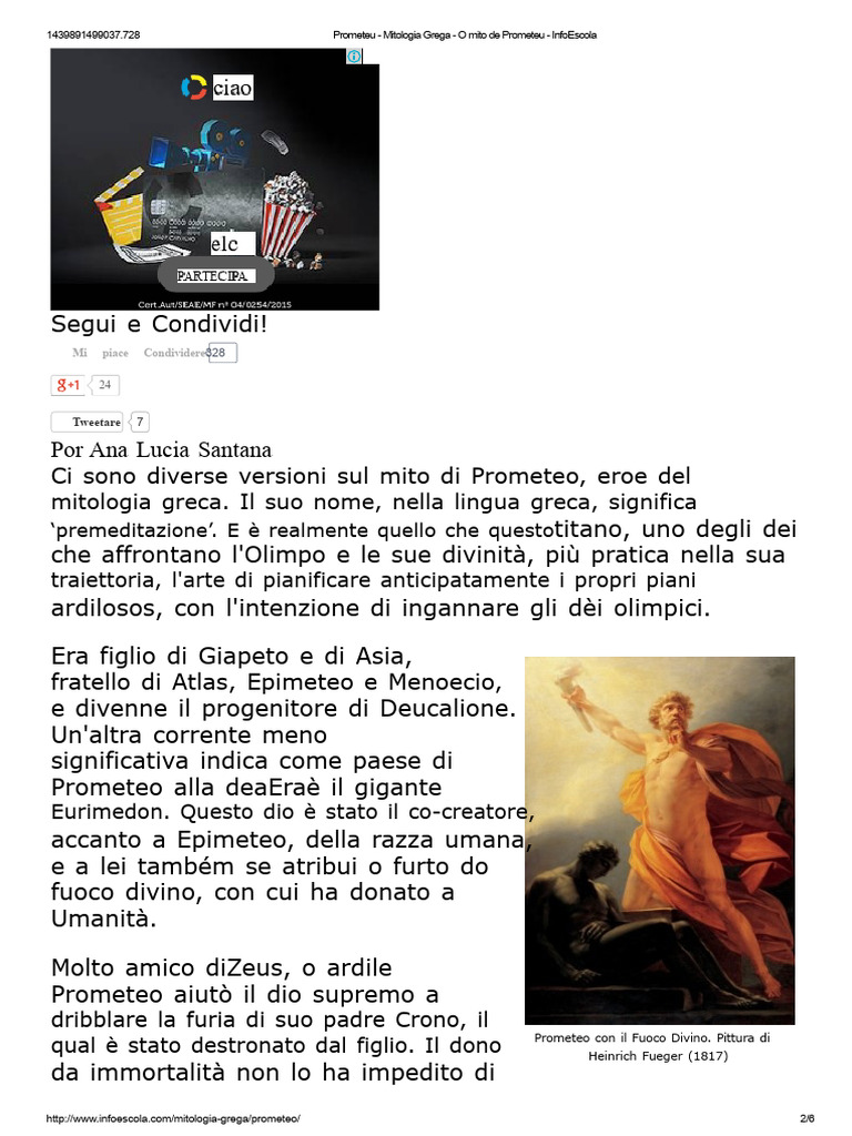 Prometeo - Mitologia Greca - Il Mito Di Prometeo - InfoScuola | PDF