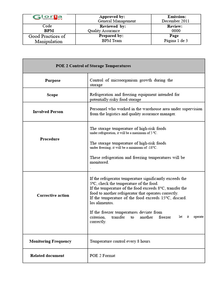 Procedures and Formats POES - STORAGE TEMPERATURE CONTROL | PDF ...