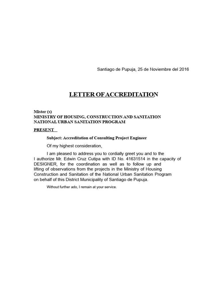 accreditation letter santiago.docx | PDF | Sanitation | Economy And The ...