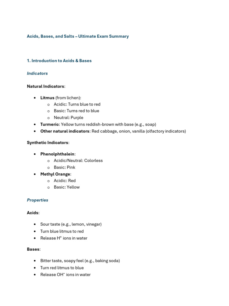 Acids, Bases, and Salts Exam Guide | PDF | Acid | Ph