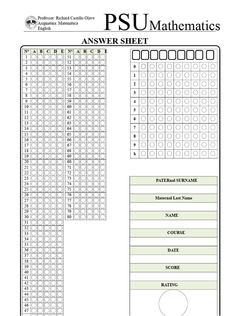 Mathematics Answer Sheet Template | PDF