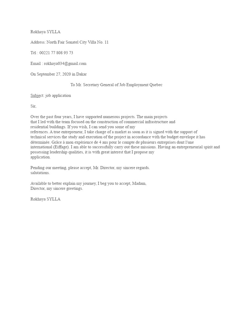 A Job Application Letter To The Secretary General of Job Emploi Quebec ...