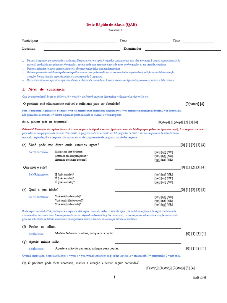 Teste Rápido de Afasia: QAB | PDF | Afasia