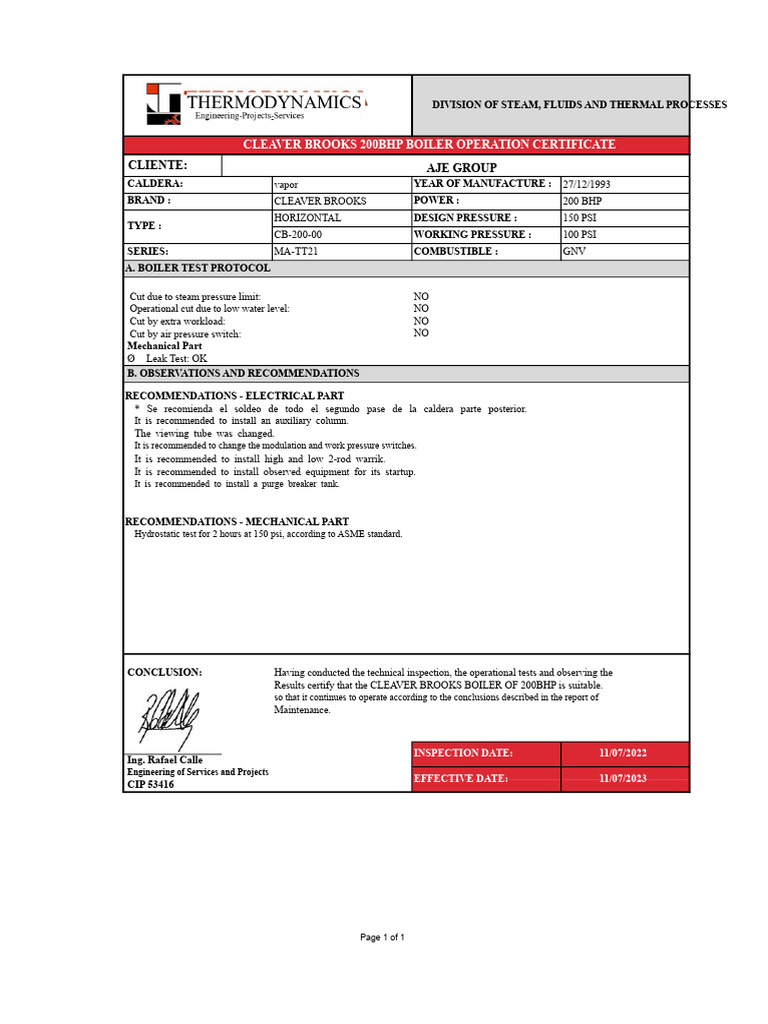Cleaver Brooks 200BHP Boiler Inspection Report | PDF | Boiler | Pressure