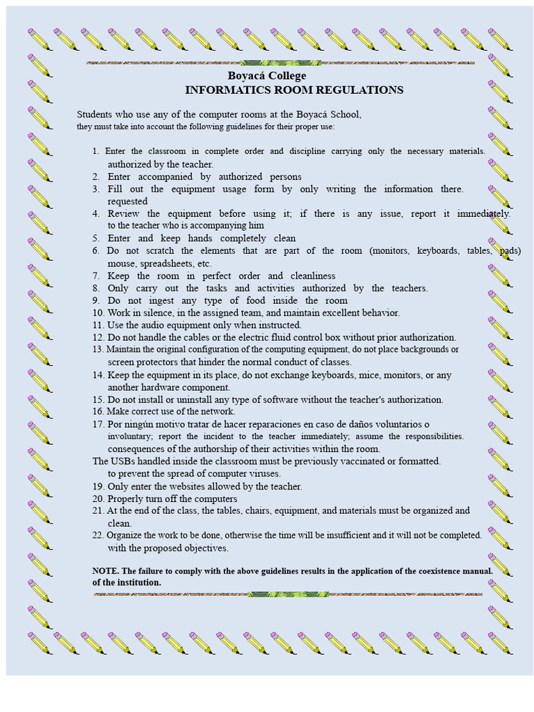 Boyacá College Computer Room Rules | PDF | Computing