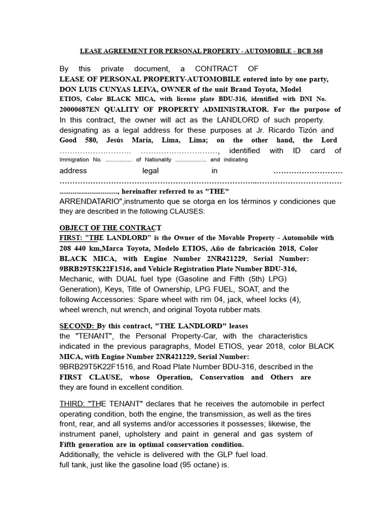Automobile Lease Agreement - Toyota ETIOS | PDF | Lease