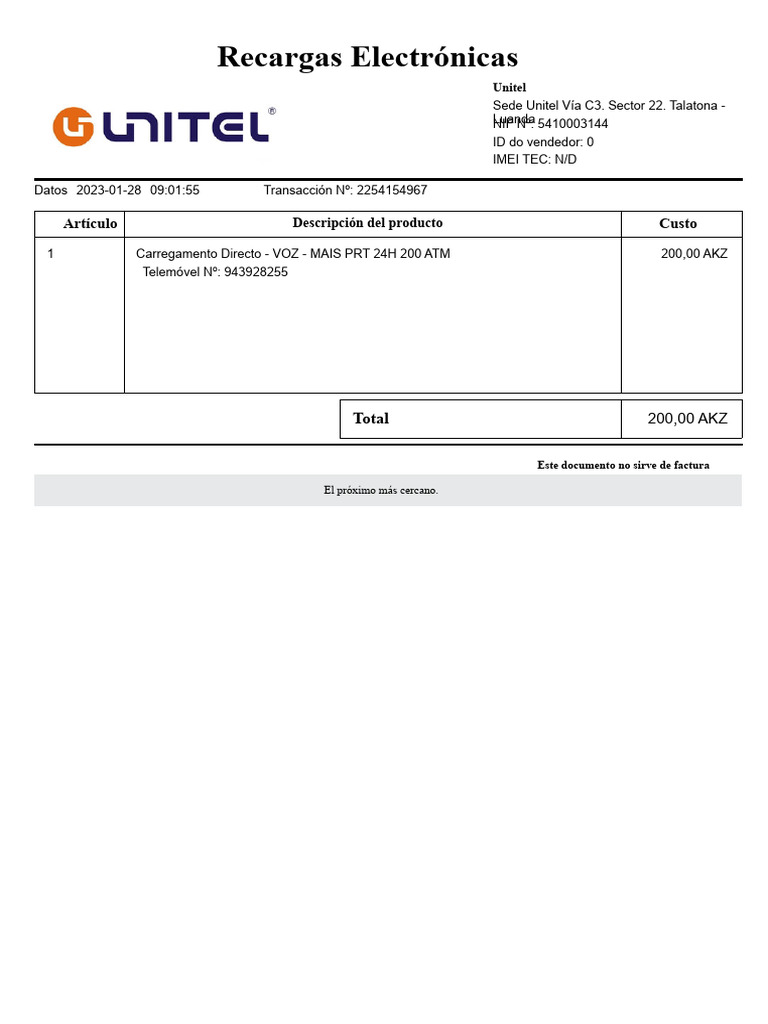 Recarga Directa Unitel 200 AKZ | PDF