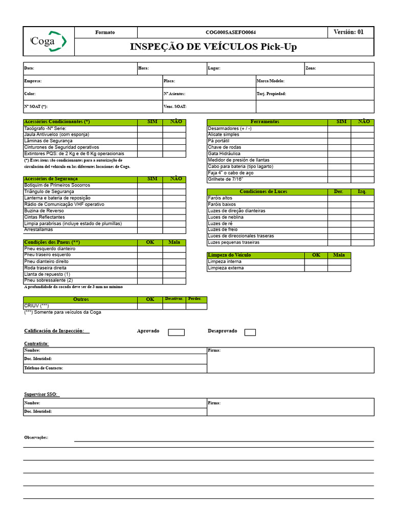 Inspeção de Veículos Pick-Up: Checklist Completo | PDF | Pneu | Carro