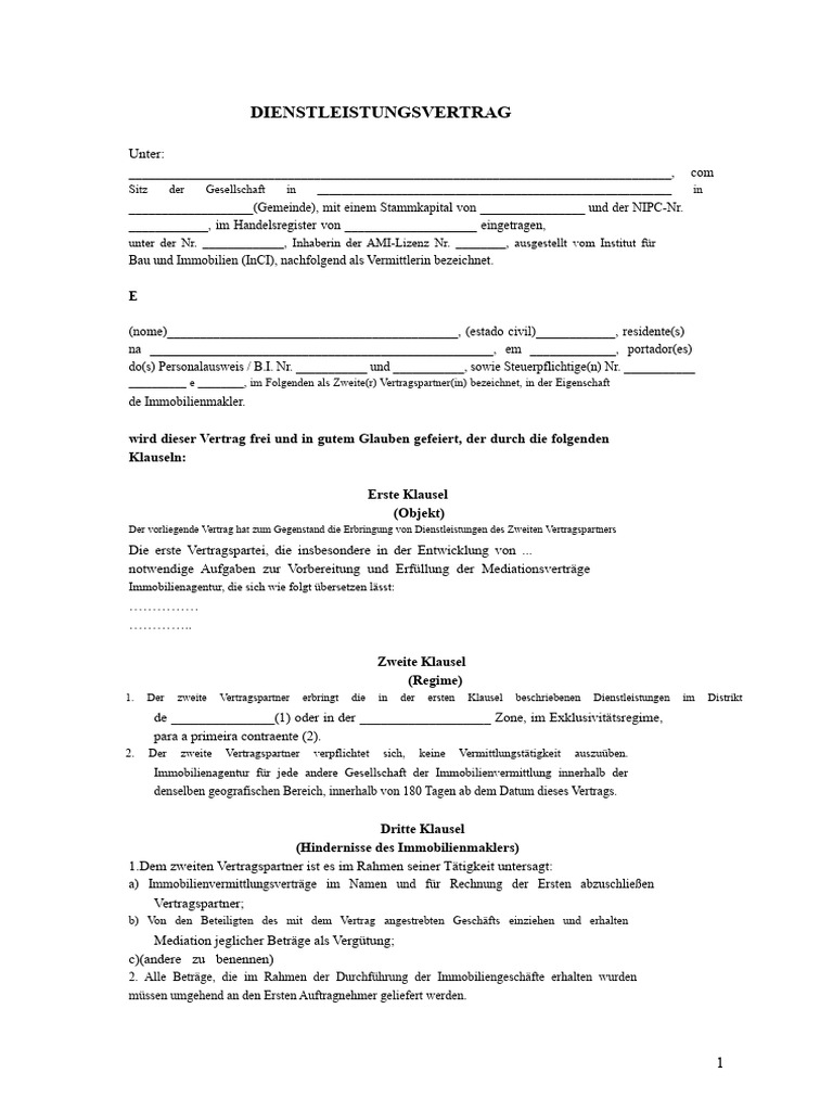 Mustervertrag Für Dienstleistungsverträge - Eigentümeragent | PDF