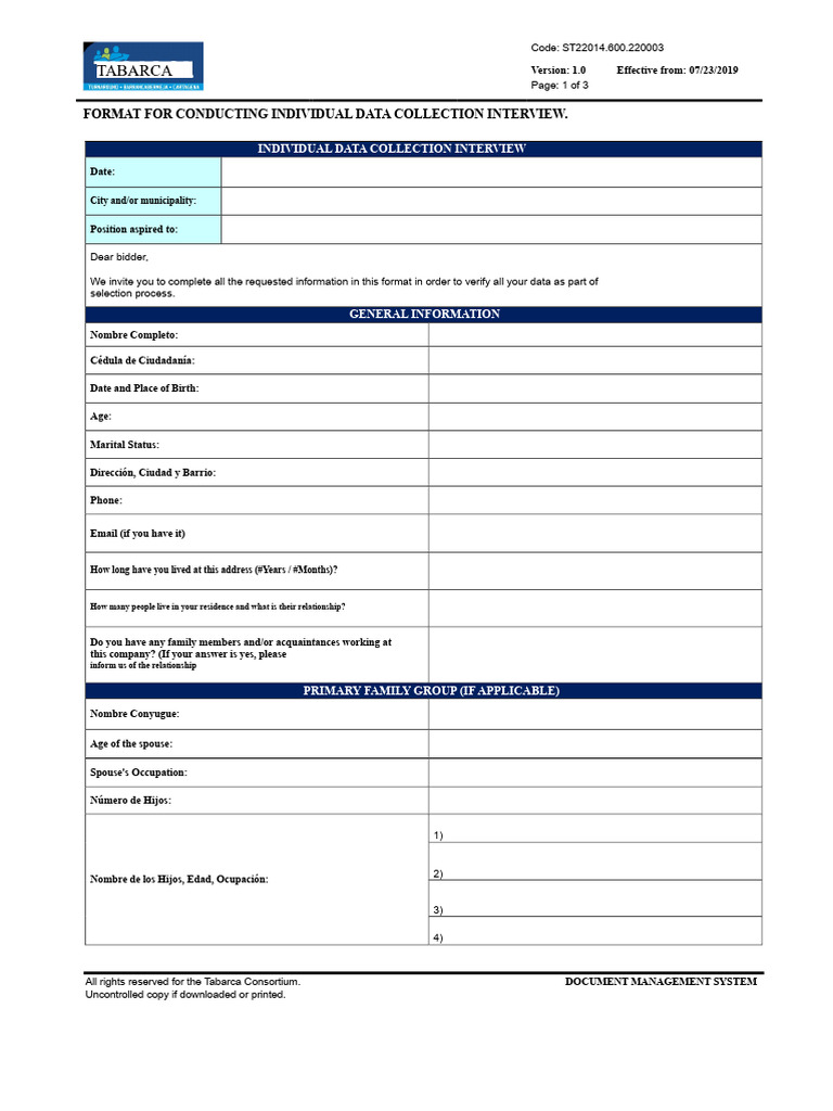 Individual Data Collection Interview Format | PDF