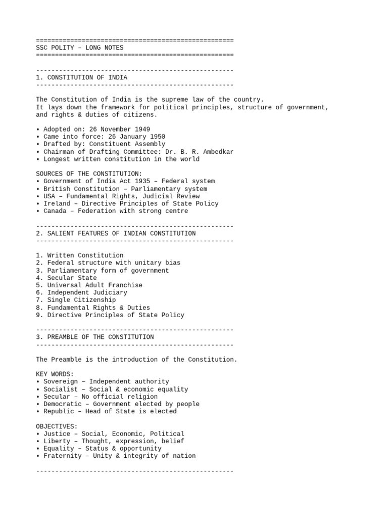 SSC Polity Notes: Constitution Overview | PDF | Constitution | Justice