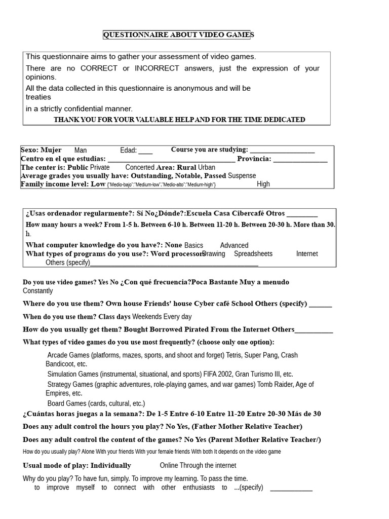 Video Game Assessment Questionnaire | PDF | Video Games | Creativity