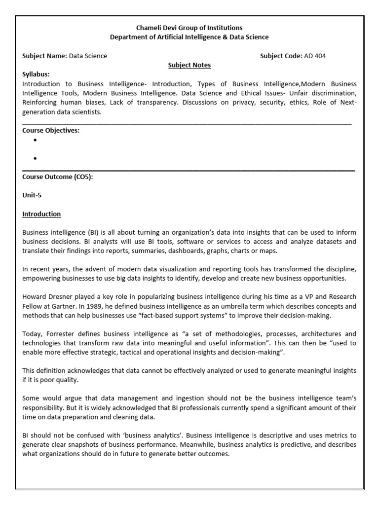 Business Intelligence in Data Science | PDF | Business Intelligence ...