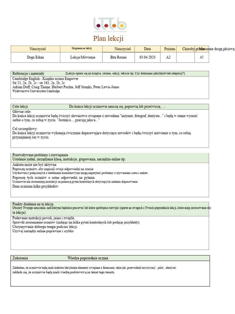 CELTA TP1 Plan Lekcji 1 | PDF