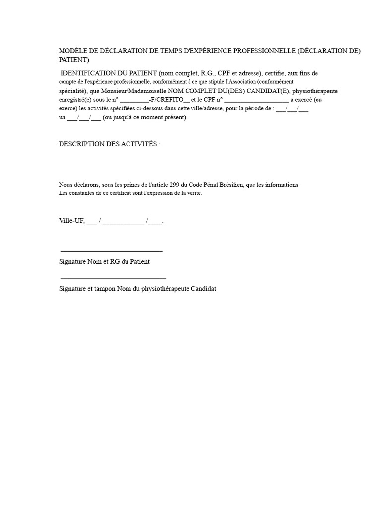Modèle de déclaration d'expérience pro | PDF