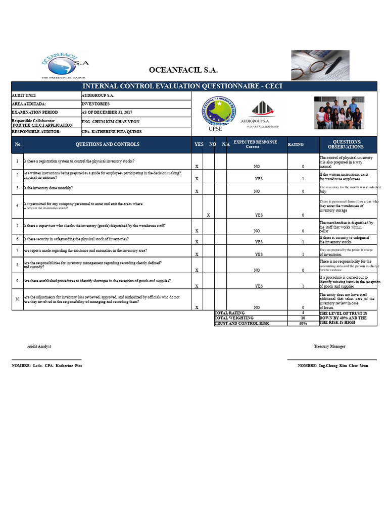 Internal Control Evaluation Questionnaire Ceci (Oceanfacil S.a.) | PDF ...