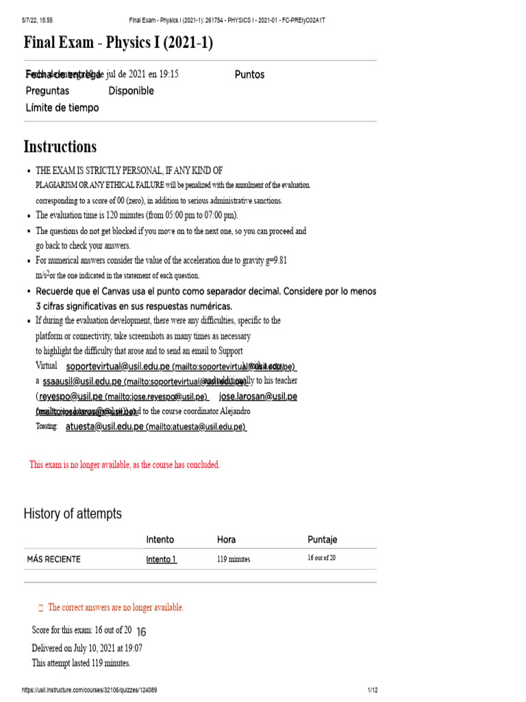 Final Exam - Physics I (2021-1) 261754 - PHYSICS I - 2021-01 - FC ...