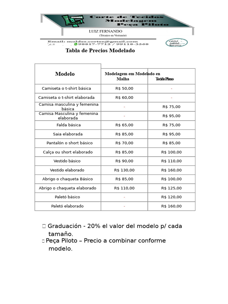 Tabla de Precios de Ropa y Modelos | PDF