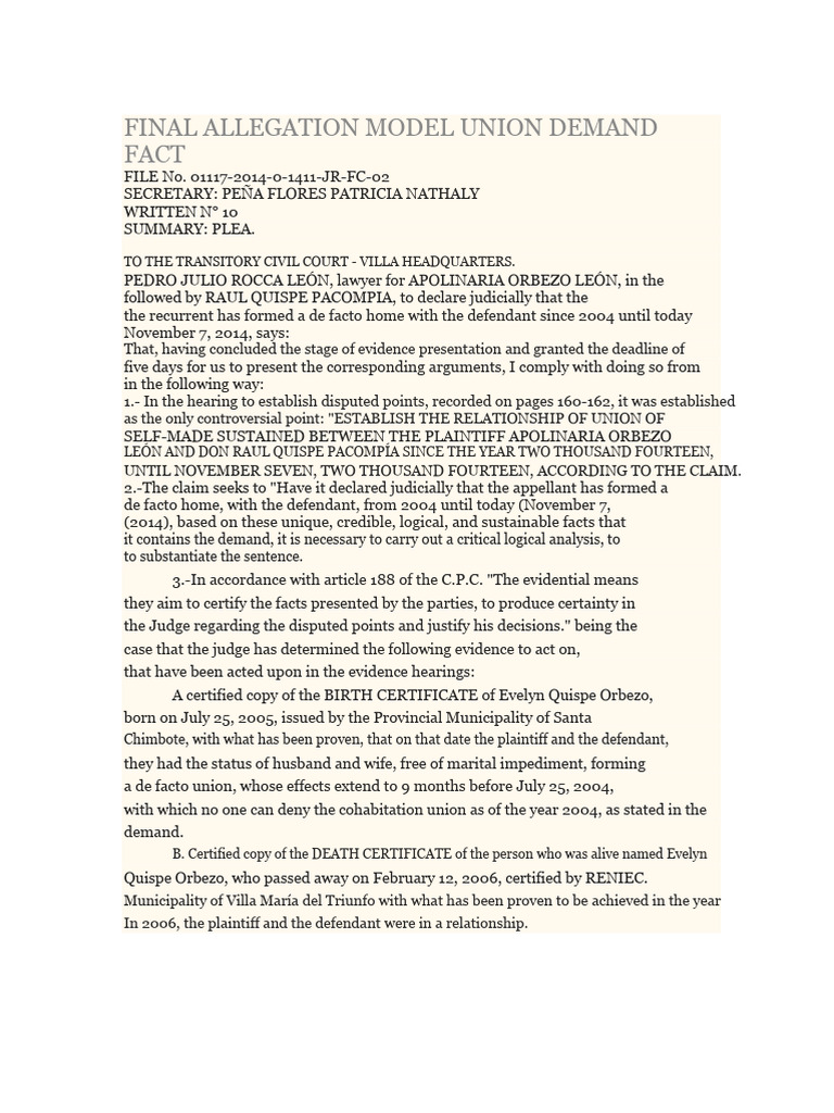 Final Plea Demand for Common-Law Marriage | PDF | Lawsuit | Domestic ...
