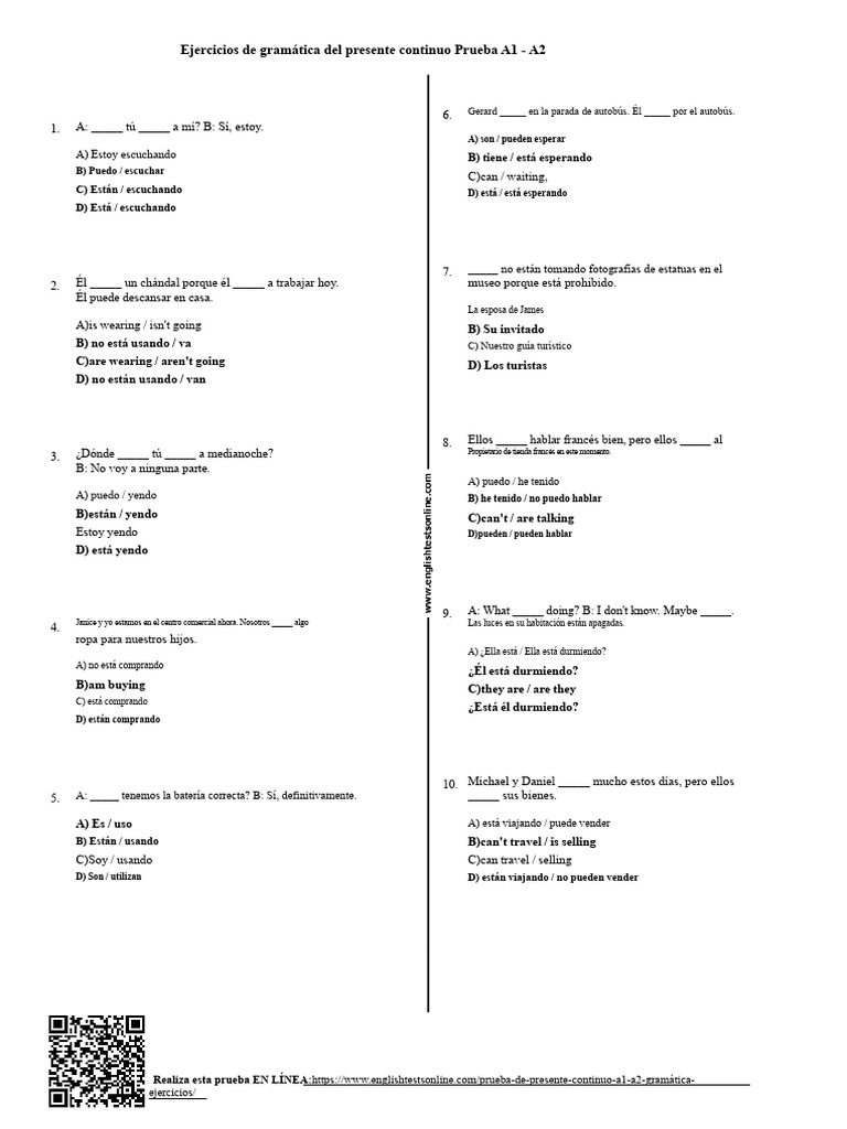 449 - Prueba Presente Continuo A1 A2 Ejercicios de Gramática | PDF