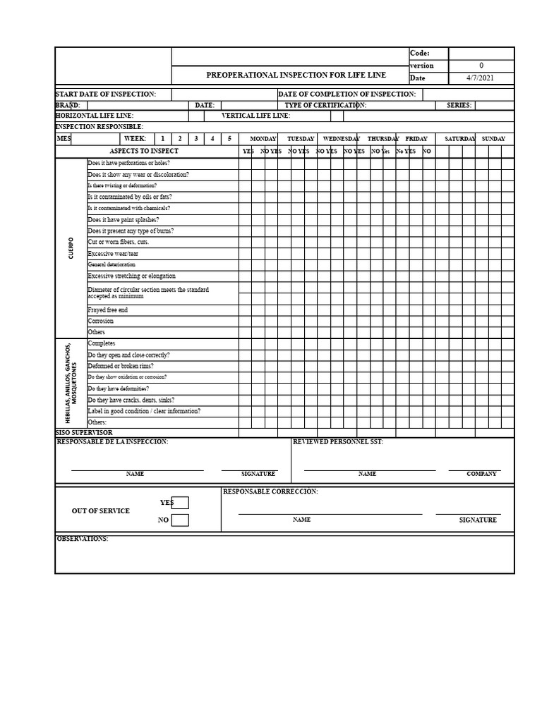 Preoperational Life Line Inspection Checklist | PDF | Wear