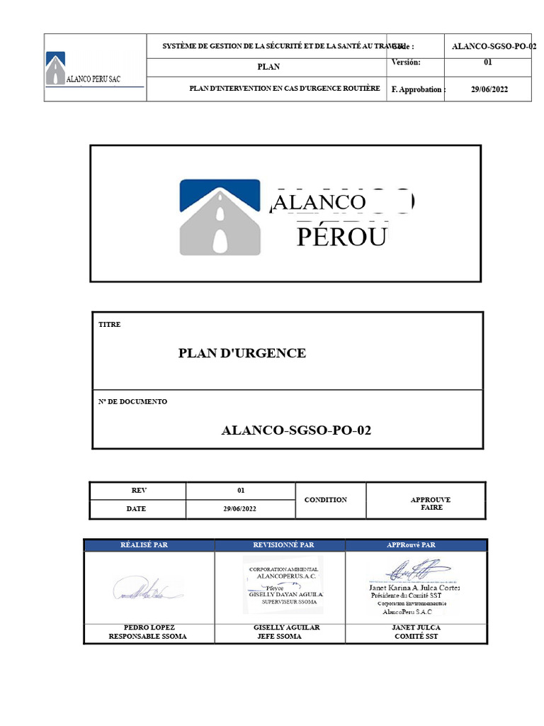 Plan d'Urgence Routière Alanco-SGSO-PO-02 | PDF | Urgence | Sécurité