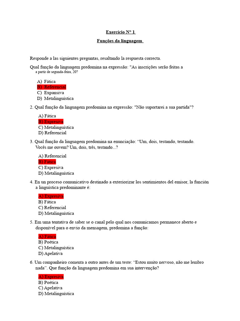Funções da Linguagem: Questões e Respostas | PDF