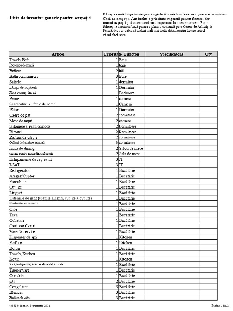Lista de Inventar A Unei Pensiuni Generice | PDF
