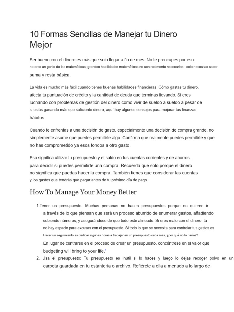 10 Maneras Simples de Manejar Mejor Tu Dinero | PDF | Presupuesto | Dinero