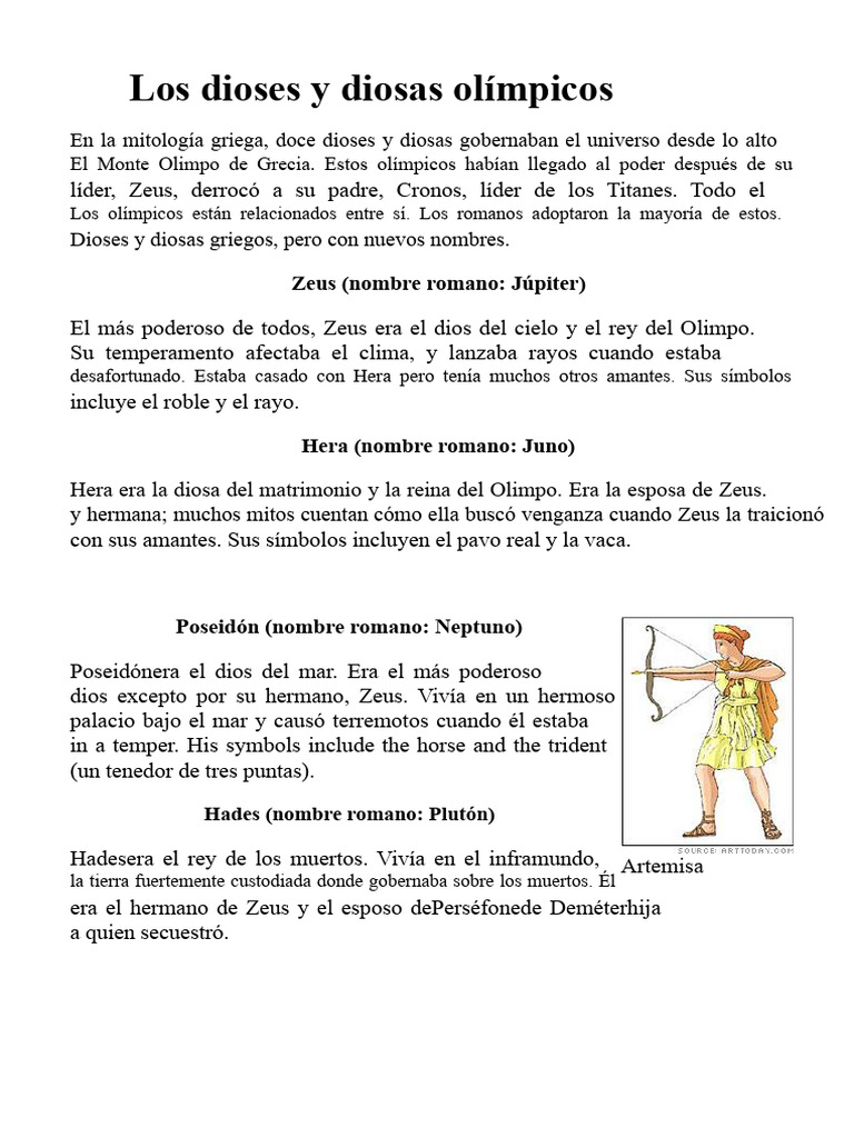 Dioses y diosas del Olimpo griego | PDF | Doce olímpicos | Zeus