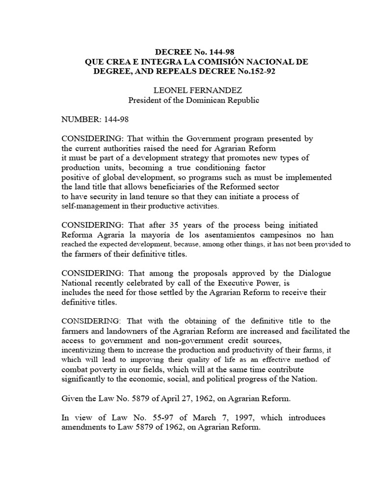 DECREE No. 144-98 That Creates The National Commission of Title | PDF ...