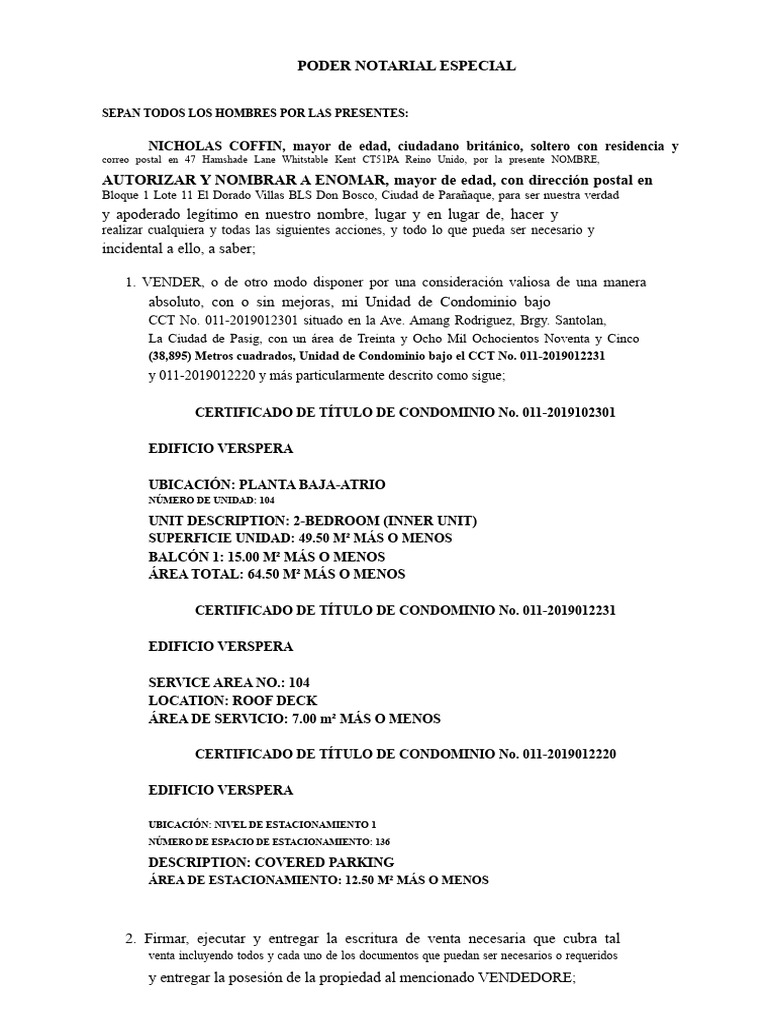 Poder Notarial para Venta de Condominio | PDF