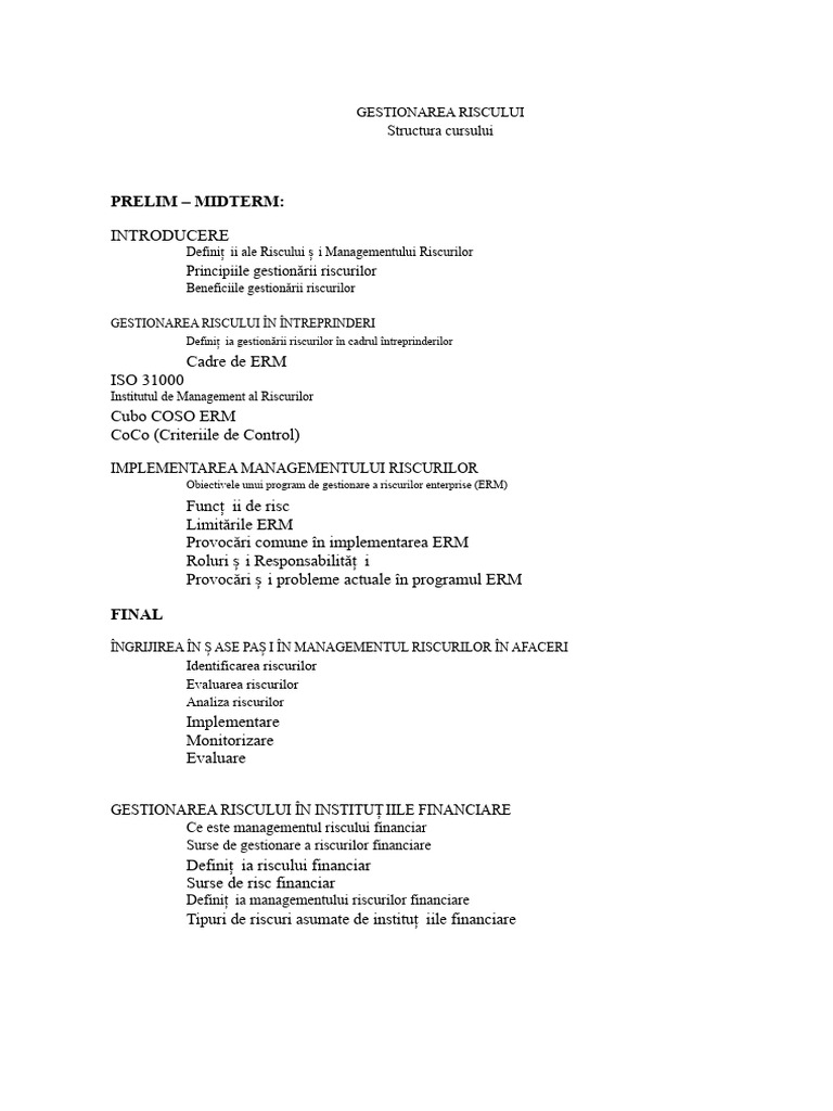 GESTIONAREA RISCULUI Conturul Cursului | PDF