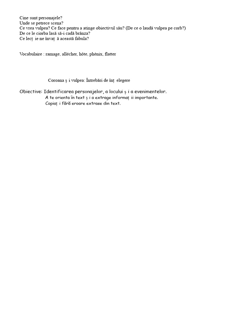 Ciorile Și Vulpea - Întrebări de Înțelegere | PDF