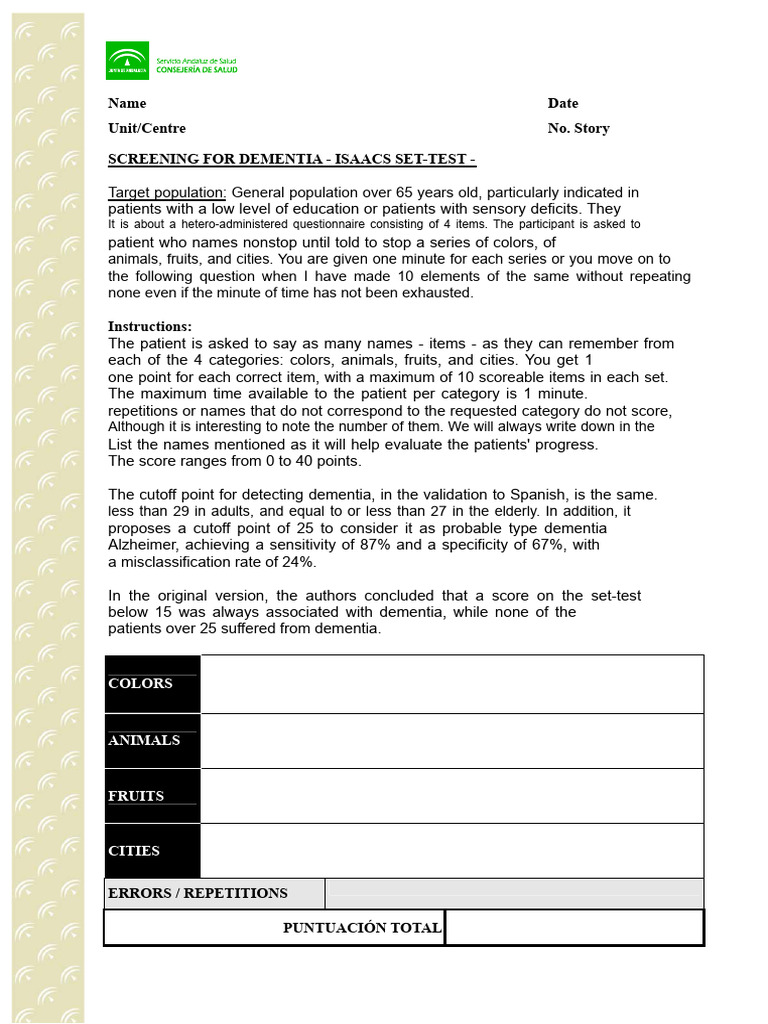 Dementia Screening with Isaacs Set Test | PDF | Dementia | Sensitivity ...