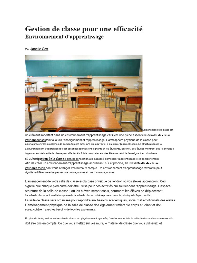 Aménagement de classe pour un apprentissage efficace | PDF ...