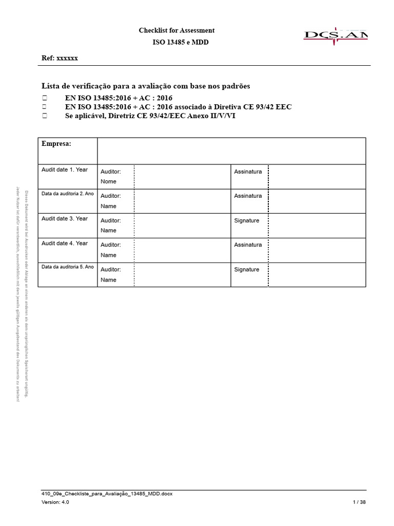 Checklist ISO 13485 e MDD para Avaliação | PDF | Gestão de qualidade ...