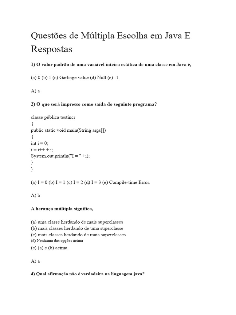 Questões de Múltipla Escolha em Java | PDF | Classe (programação de ...